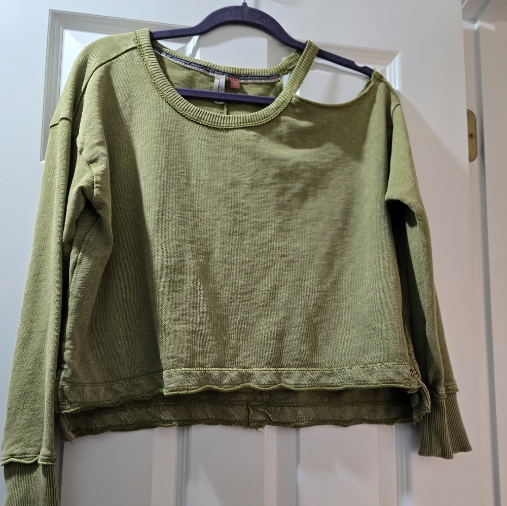 Pilcro Olive Green Ripped Shoulder Cropped Sweatshirt